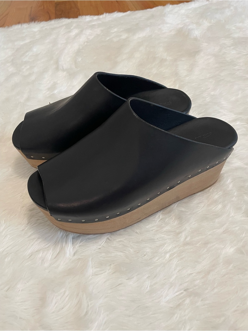 Rick Owen’s Black Leather Peep-Toe Wedge Clogs